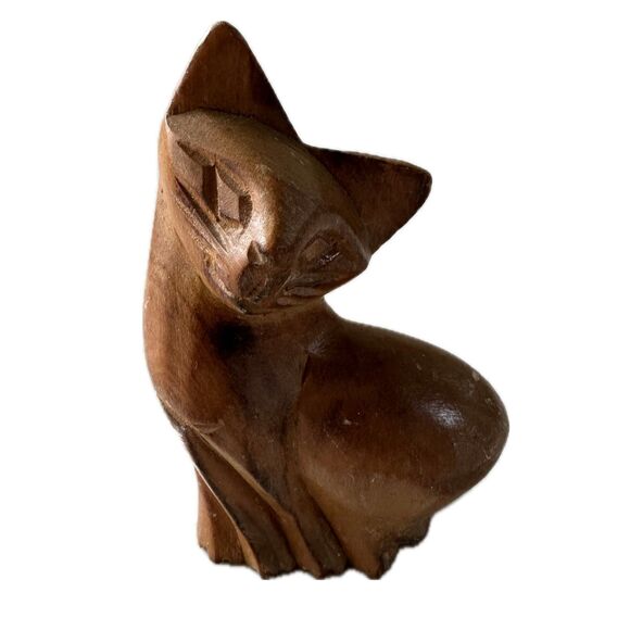 Vintage Mid Century Hand Carved Wooden Sitting Siamese Cat Kitty Figurine - Picture 1 of 4